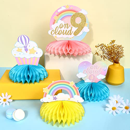 Fangleland 8Pcs Cloud 9th Birthday Table Decorations for Girls Rainbow Happy Birthday Honeycomb Centerpieces for 9 Year Old Party Colorful Cloud 9 3D Table Toppers - Image 5