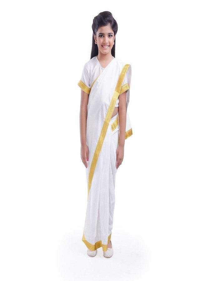 FancyDressWale Synthetic Girls Costume, Read To Wear Pre-Stitched Saree, White - Image 1