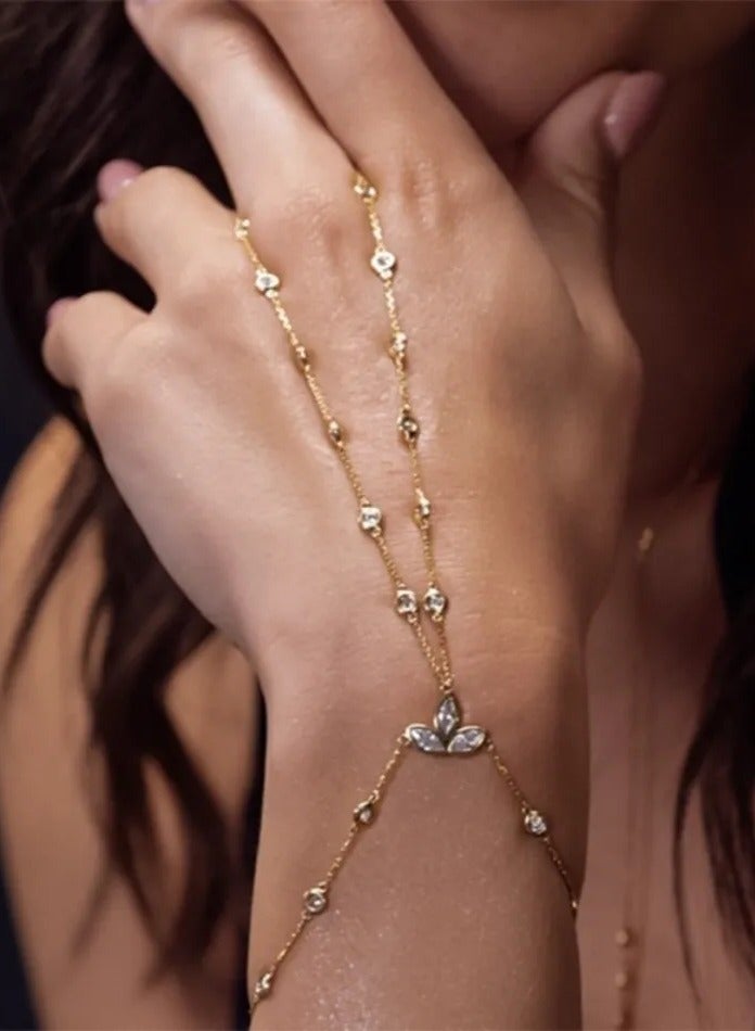Leaf Shape Diamond Hand Chain | Stackable Finger-to-Wrist Flower Bracelet for Women - Image 1
