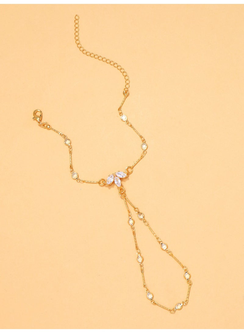 Leaf Shape Diamond Hand Chain | Stackable Finger-to-Wrist Flower Bracelet for Women - Image 3