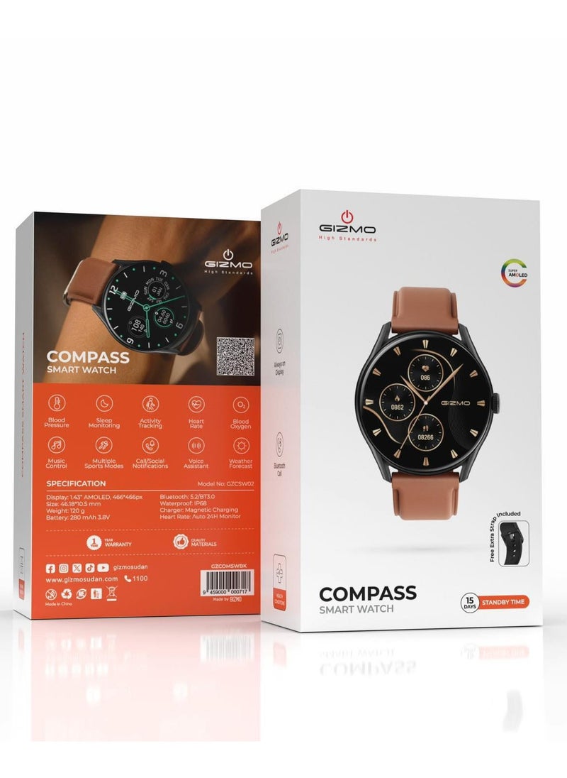 Gizmo Compass Smart Watch with 1.43inch AMOLED Display & Bluetooth Call / Always on Display / 15 Days Standby / Free Extra Strap Included / Blood Pressure / Sleep Monitoring / Activity Tracker / Heart Rate - Brown  - Image 4