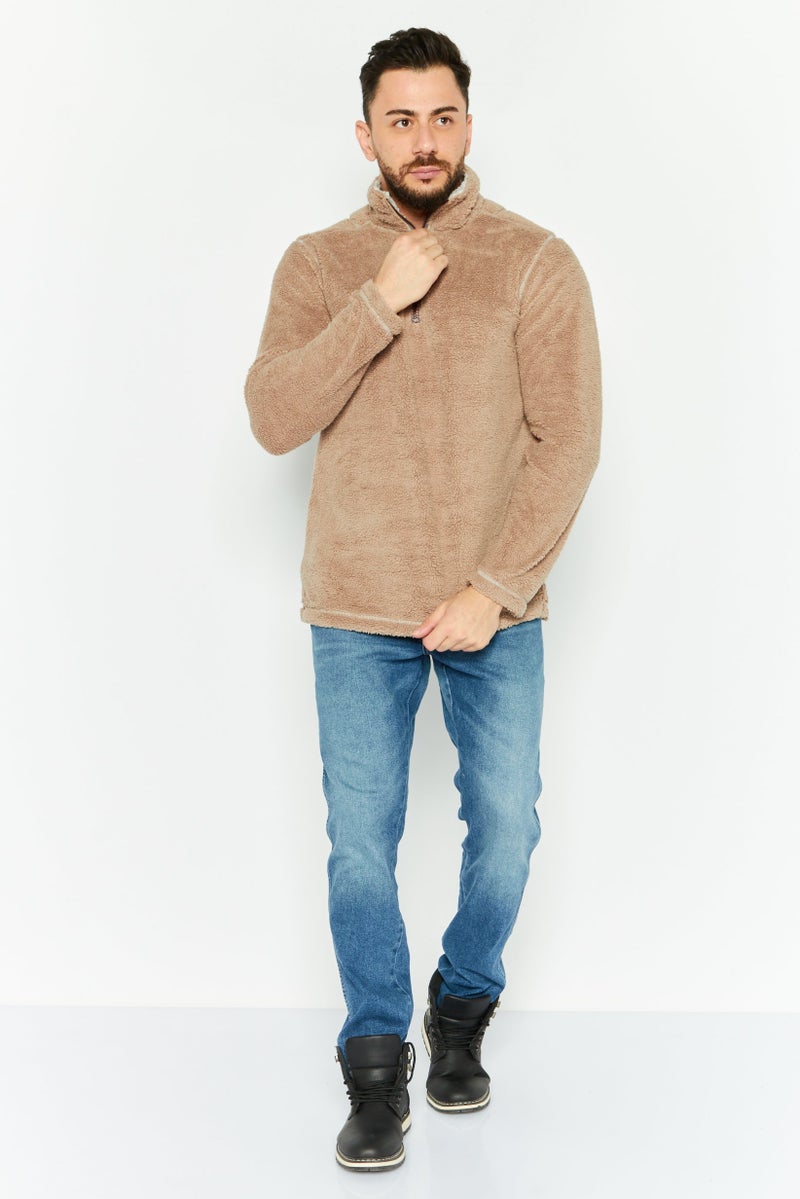 TRUE GRIT Men Mock Neck Plain Long Sleeves Sweatshirt, Tan - Image 2