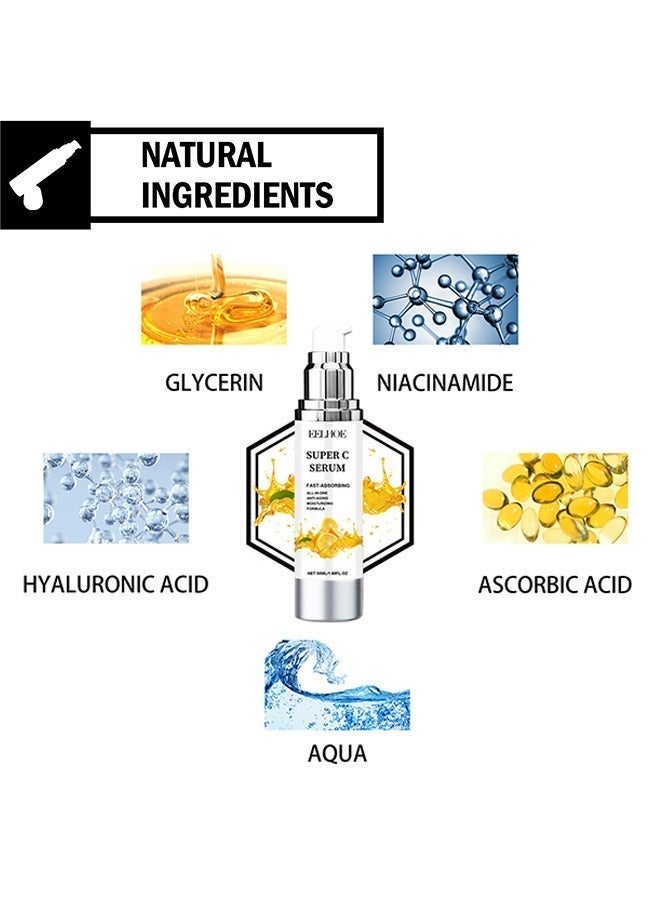 إيلهو سيروم سوبر سي ، مصل مرطب بفيتامين سي للوجه - مصل حمض الهيالورونيك المضاد للشيخوخة والتفتيح - مصحح البقع الداكنة - سيروم سوبر للوجه للنساء مع النياسيناميد والكافيين والباكوتشيول 50 مل - Image 3