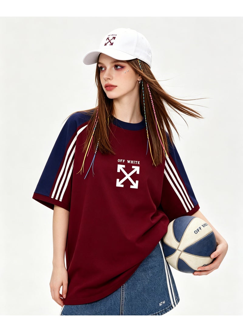 OFF-WHITE retro campus three-bar shoulder-inserted round neck T-shirt with heavy cotton loose cover for men and women with street fashion tops. - Image 5