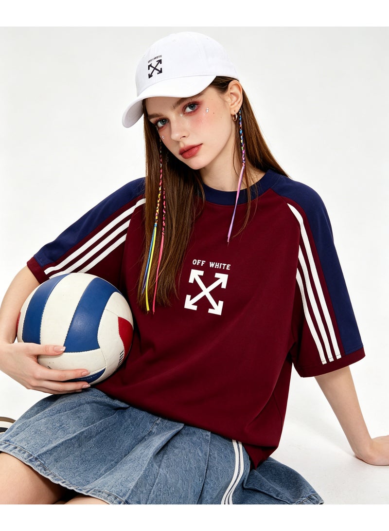 OFF-WHITE retro campus three-bar shoulder-inserted round neck T-shirt with heavy cotton loose cover for men and women with street fashion tops. - Image 2