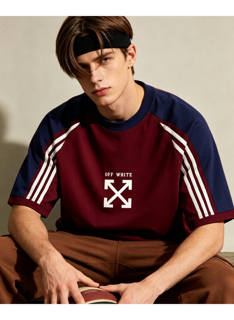 OFF-WHITE retro campus three-bar shoulder-inserted round neck T-shirt with heavy cotton loose cover for men and women with street fashion tops. - Image 1
