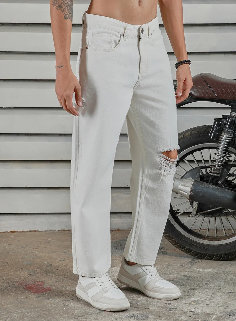 HIGH STAR Men's Ecru 100% Cotton Bleached Full Length Loose Jeans