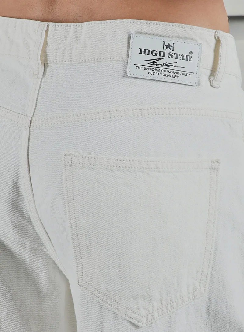 HIGH STAR Men's Ecru 100% Cotton Bleached Full Length Loose Jeans