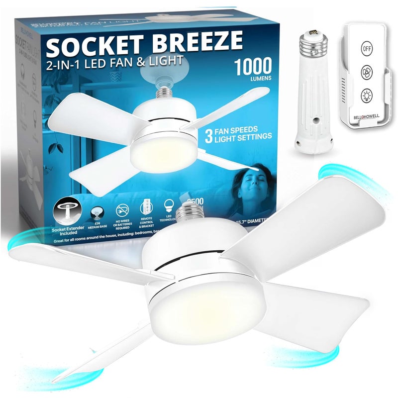BellHowell Socket Breeze Socket Fan Light with Remote Portable Small Ceiling Fans with Lights for Bedroom Kitchen Living Room Ceiling Fan with Light 3500K 1000 Lumens Screws into E26E27
