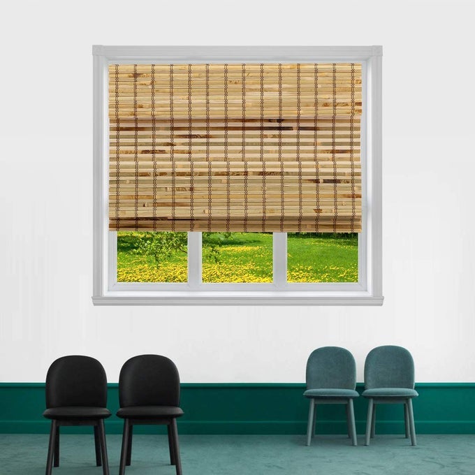 CORDLESS FLATSTICK BAMBOO ROMAN WINDOW BLIND SUN SHADE LIGHT FILTERING SHADES WITH 8INCH VALENCE LIGHT BAMBOO 40 X 64