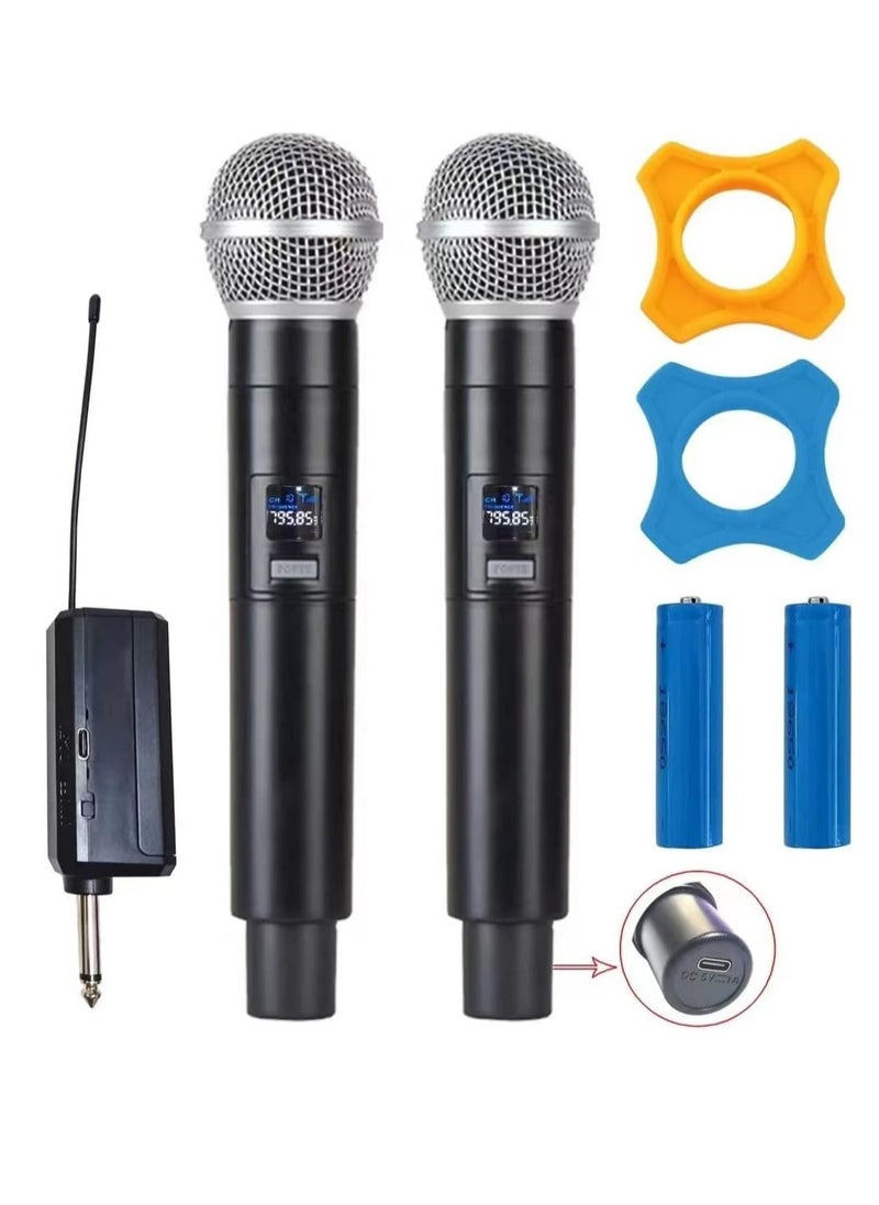 Mike Music - Portable Wireless Microphone System 2 Pcs Mic Professional Battery Operated Handheld Dynamic Unidirectional Cordless Microphone Transmitter Set W/Adapter Receiver - Image 1