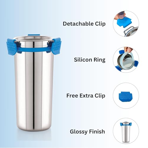 STEELLOCK Stainless Steel Tumbler/Glass, Leak-Proof with All-Steel Clip Lock Lid, Extra Clamp, Silicone Ring Seal, Zero Plastic Contact, Ideal for Office, Gym, Travel (450ml) - Image 4