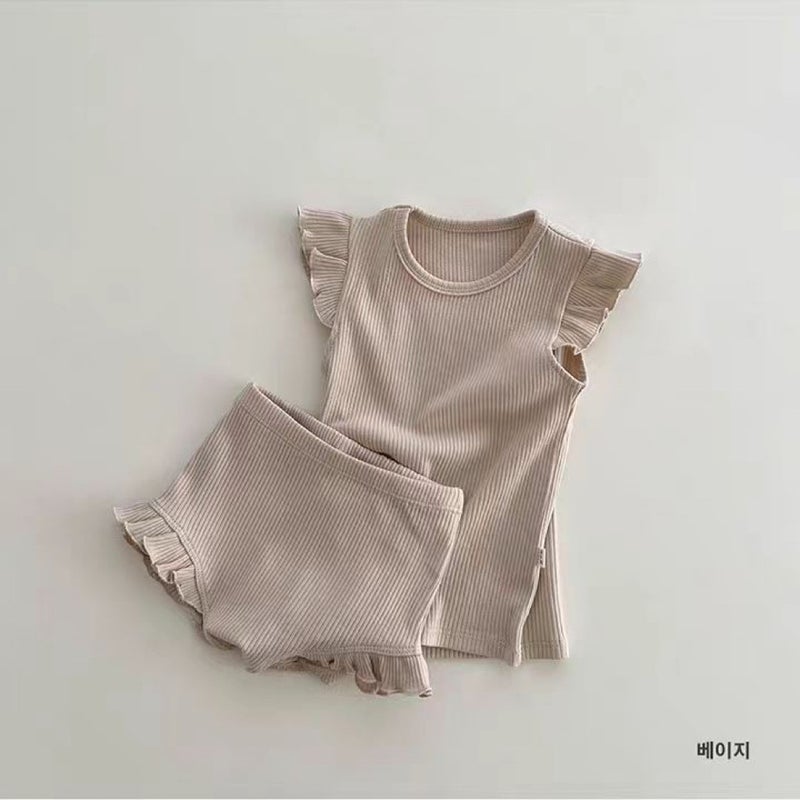Ins Korean Style Flying Sleeve Dark Style Solid Color Shorts Curl suit Breathable Refreshing Childrens Wear for Boys and Girls in Summer Light apricot 