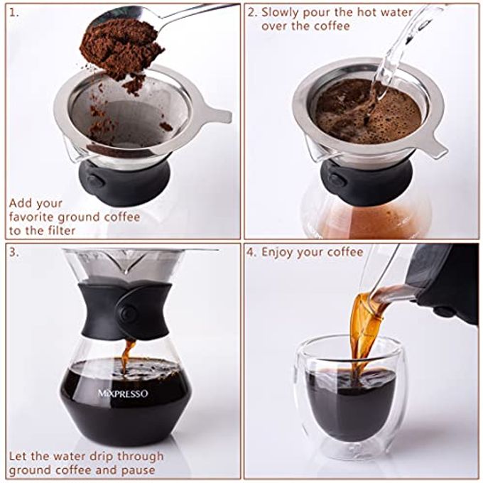 Mixpresso Pour Over Coffee Maker Set Glass Carafe Borosilicate White Protective Silicone Sleeve, Pour Over Coffee Dripper Brewer With Double-layer Stainless Steel Filter 13.5 Oz - Image 3