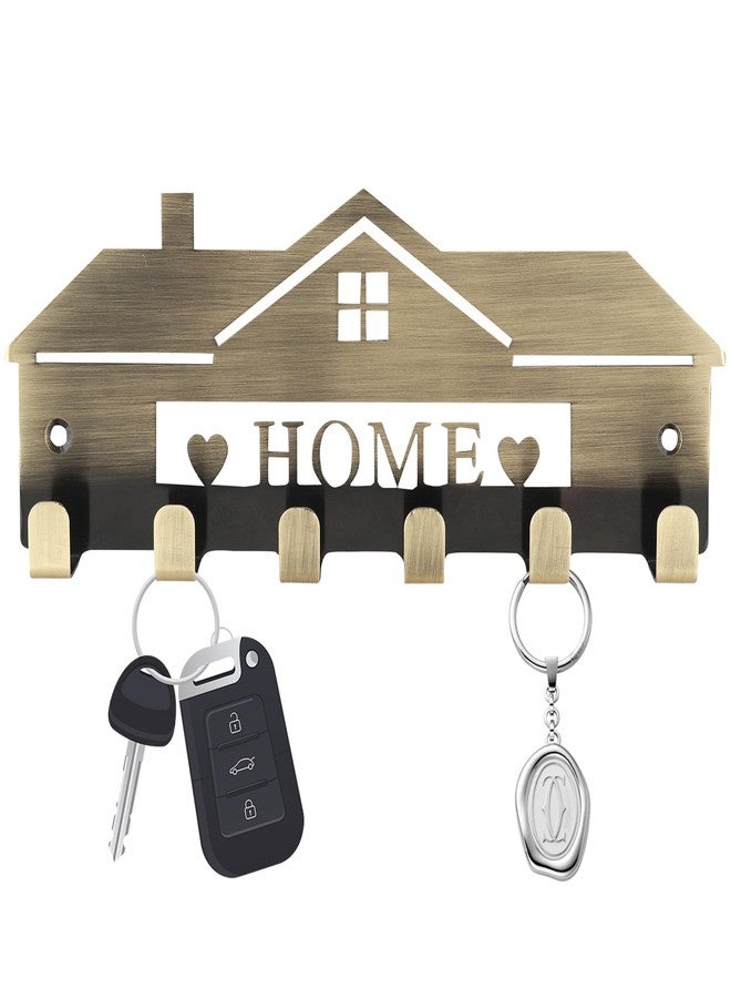 HingeMinds Metal Key Holder for Home/Office Decor, Stylish Wall Mount Keychain Hanger Hooks for Hanging Keys, Premium Antique Brass Finish | Unique Home Shape Stainless Steel Key Chain Stand 6 Pin - Image 1