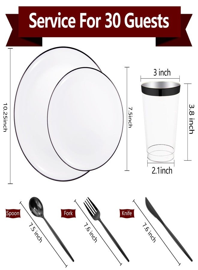 ejonirinjonir EI 180pcs White Plastic Dinnerware Set Include Black Disposable Silverware,Dinner and Dessert Plates,Cups,White Plastic Plates with Black Rim Perfect for Wedding,Birthday,Hotel,Partys,Service for 30. - Image 2