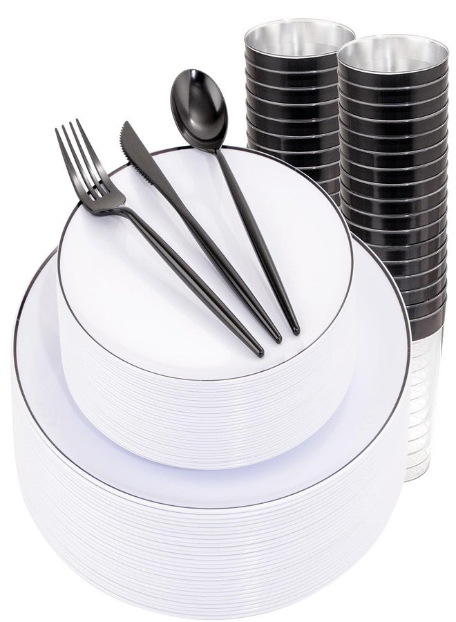 ejonirinjonir EI 180pcs White Plastic Dinnerware Set Include Black Disposable Silverware,Dinner and Dessert Plates,Cups,White Plastic Plates with Black Rim Perfect for Wedding,Birthday,Hotel,Partys,Service for 30. - Image 1
