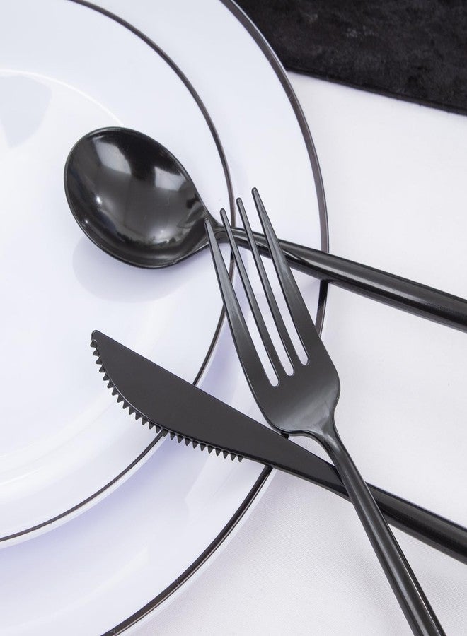 ejonirinjonir EI 180pcs White Plastic Dinnerware Set Include Black Disposable Silverware,Dinner and Dessert Plates,Cups,White Plastic Plates with Black Rim Perfect for Wedding,Birthday,Hotel,Partys,Service for 30. - Image 5