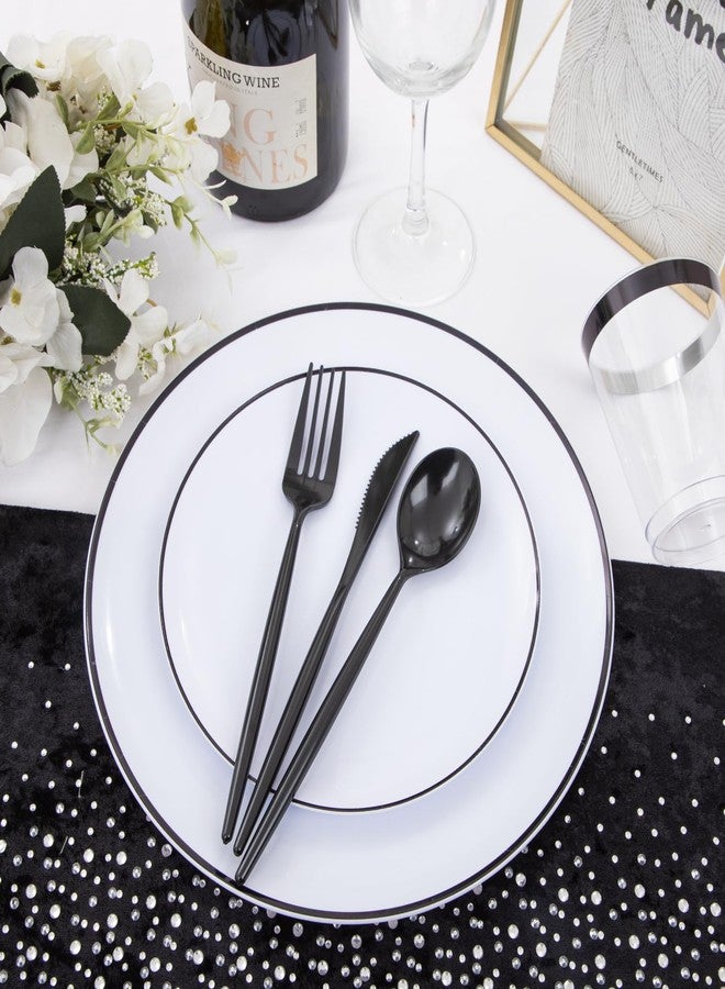 ejonirinjonir EI 180pcs White Plastic Dinnerware Set Include Black Disposable Silverware,Dinner and Dessert Plates,Cups,White Plastic Plates with Black Rim Perfect for Wedding,Birthday,Hotel,Partys,Service for 30. - Image 4