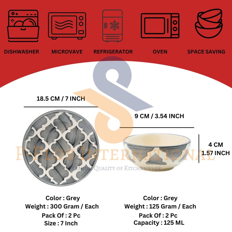 P-Plus International Ceramic Dinnerware Set | Hand Painted Set of 2 Plate (7 Inch) and Set of 2 Bowl (125 Ml 9 Cm) Set | for Serving Noodles, Snacks, Soups Or Curries | Perfect for Gifting (Grey) - Image 2