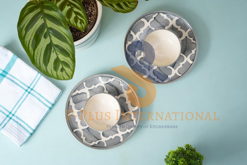 P-Plus International Ceramic Dinnerware Set | Hand Painted Set of 2 Plate (7 Inch) and Set of 2 Bowl (125 Ml 9 Cm) Set | for Serving Noodles, Snacks, Soups Or Curries | Perfect for Gifting (Grey) - Image 4