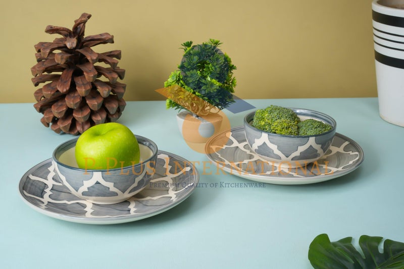 P-Plus International Ceramic Dinnerware Set | Hand Painted Set of 2 Plate (7 Inch) and Set of 2 Bowl (125 Ml 9 Cm) Set | for Serving Noodles, Snacks, Soups Or Curries | Perfect for Gifting (Grey) - Image 3