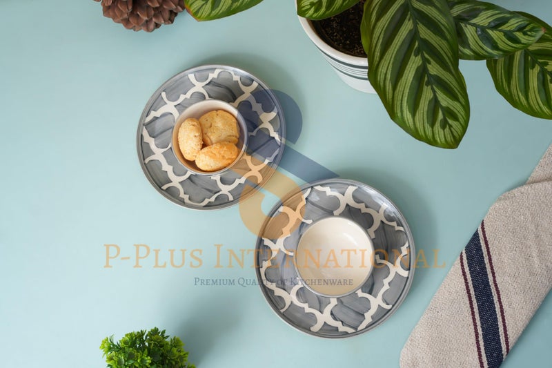 P-Plus International Ceramic Dinnerware Set | Hand Painted Set of 2 Plate (7 Inch) and Set of 2 Bowl (125 Ml 9 Cm) Set | for Serving Noodles, Snacks, Soups Or Curries | Perfect for Gifting (Grey) - Image 5