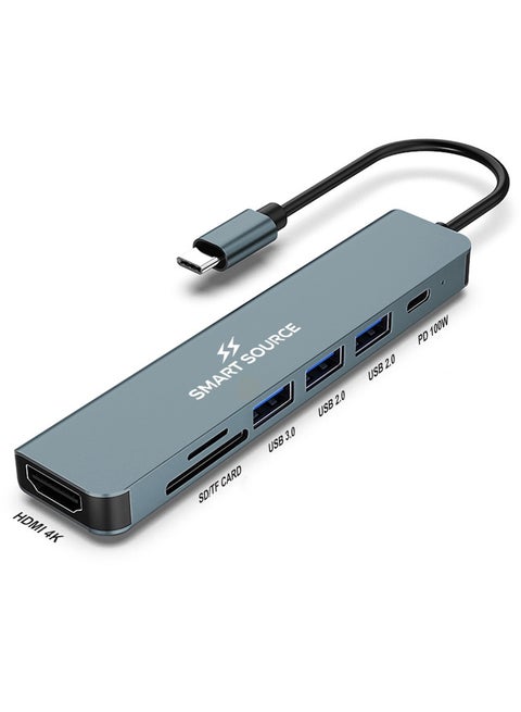 SMART SOURCE 7-in-1 USB-C Hub Adapter with 100W PD, HDMI 4K, USB 3.0, Dual USB 2.0, SD/TF Card Reader – Portable USB C Docking Station for MacBook, iPad Pro, Windows Laptops – Plug & Play