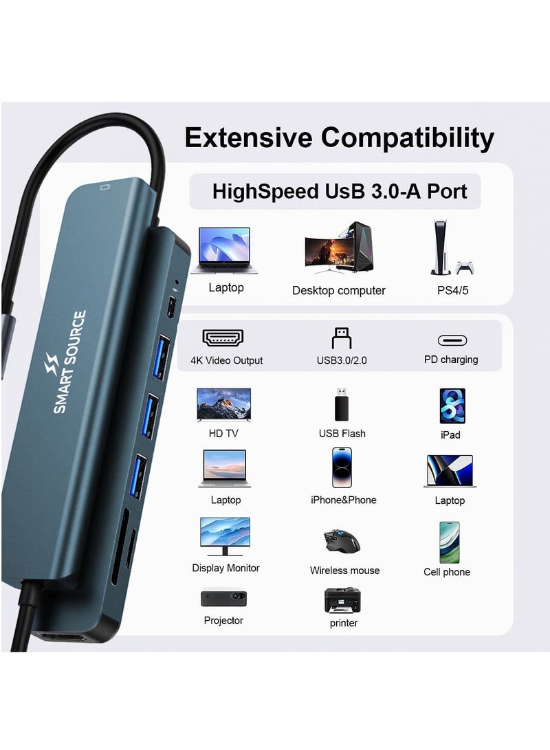 SMART SOURCE 7-in-1 USB-C Hub Adapter with 100W PD, HDMI 4K, USB 3.0, Dual USB 2.0, SD/TF Card Reader – Portable USB C Docking Station for MacBook, iPad Pro, Windows Laptops – Plug & Play
