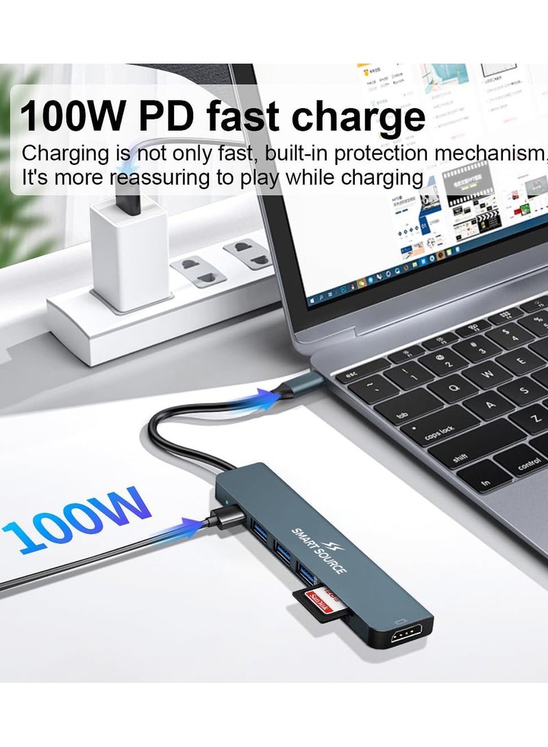 SMART SOURCE 7-in-1 USB-C Hub Adapter with 100W PD, HDMI 4K, USB 3.0, Dual USB 2.0, SD/TF Card Reader – Portable USB C Docking Station for MacBook, iPad Pro, Windows Laptops – Plug & Play