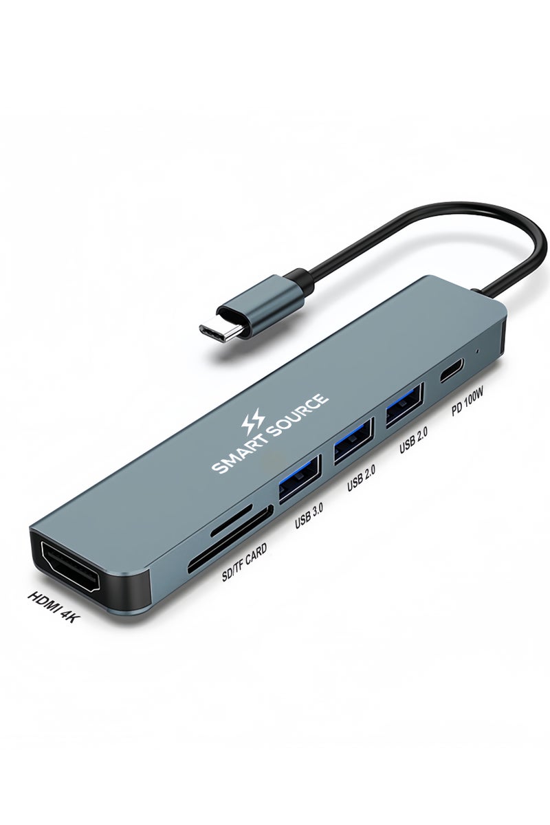 SMART SOURCE SMART SOURCE 7-in-1 USB-C Hub Adapter with 100W PD, HDMI 4K, USB 3.0, Dual USB 2.0, SD/TF Card Reader – Portable USB C Docking Station for MacBook, iPad Pro, Windows Laptops – Plug & Play - Image 1