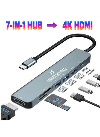 SMART SOURCE 7-in-1 USB-C Hub Adapter with 4K HDMI, 100W PD, USB 3.0, Dual USB 2.0, SD/TF Card Reader – Portable USB C Docking Station for MacBook, iPad Pro, Windows Laptops Mobile Phones – Plug & Play