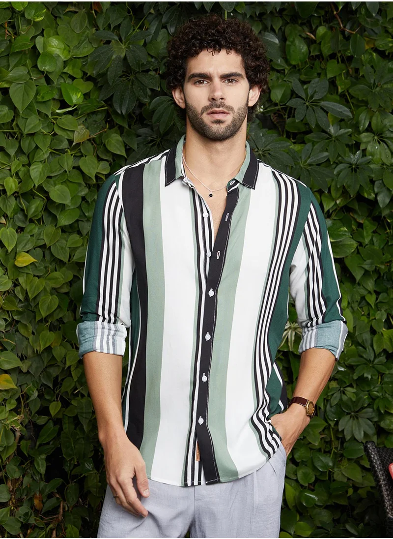 Campus Sutra Men's Jungle Green & Cream White Multitrack-Striped Shirt