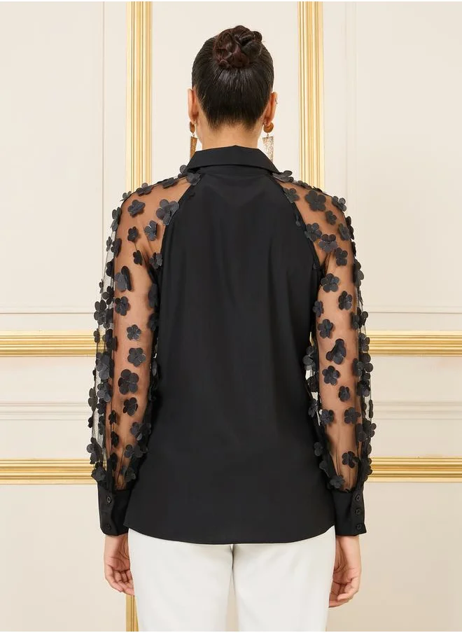 Styli Floral Applique Mesh Sleeves Regular Fit Shirt