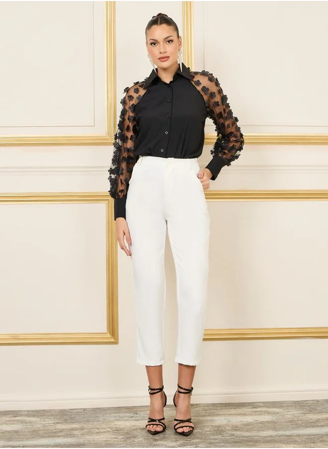 Styli Floral Applique Mesh Sleeves Regular Fit Shirt