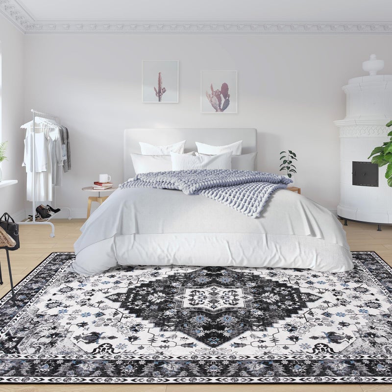 Amearea Vintage Design Area Rugs for Living Room  6x9 Machine Washable Floral Collection Traditional Bedroom Rug  Low Pile Cute Kids Room Print Carpet  No Slip Office Kitchen Home Decor  Black - Image 3