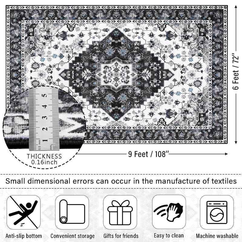 Amearea Vintage Design Area Rugs for Living Room  6x9 Machine Washable Floral Collection Traditional Bedroom Rug  Low Pile Cute Kids Room Print Carpet  No Slip Office Kitchen Home Decor  Black - Image 1