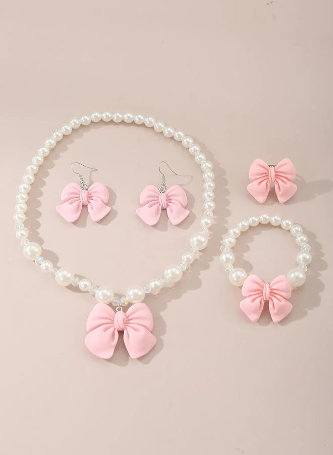 Girls Bow Charm Pearl Necklace, Bracelet and Earrings Set