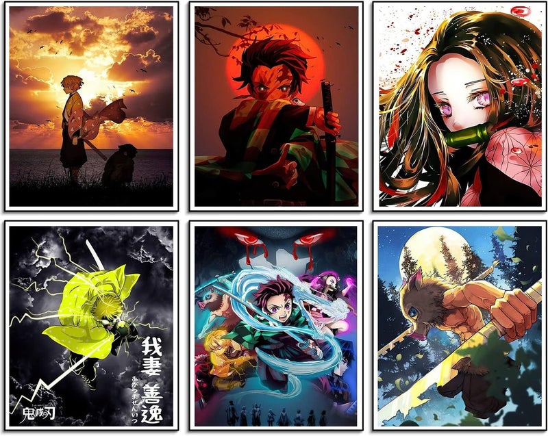 ARS Anime Posters Demon Slayer Poster Canvas Wall Art Pieces - HD Print Painting Living Room Decor Bedroom Club Boys Room Decor Gifts Set of 6 Unframed 8X10in - Image 1