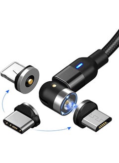 Charging Cable 360° & 180° Rotation Type Charging Cable, Nylon Braided Led Weak Magnet Charger Cable Fit for Micro Type-c iPhone Cable, Nylon and Thick Copper Core Black