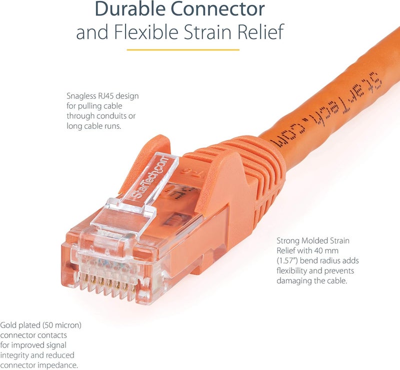 ستار تك كابل إيثرنت .com من نوع CAT6 بطول 50 سم - برتقالي، سرعة نقل بيانات 1 جيجابت، تردد 650 ميغاهرتز، قدرة تزويد طاقة 100 واط عبر تقنية PoE، موصل RJ45 من نوع UTP، مزود بحماية ضد الخيوط المتشابكة، مصمم لتجنب التلف، مختبر من قبل شركة Fluke، ومعتمد وفقًا لمعايير UL/TIA (N6PATC50CMOR). - Image 3