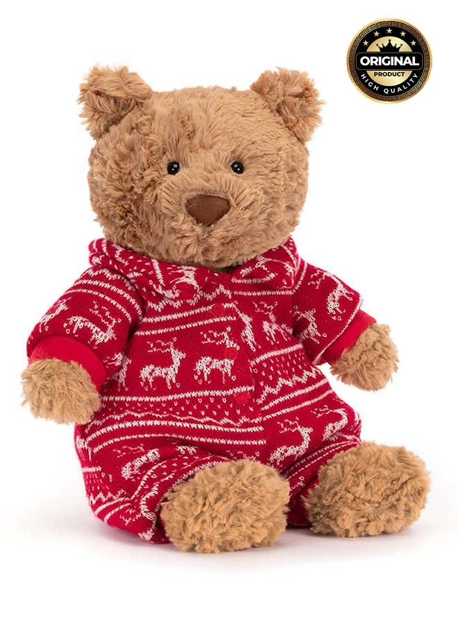 Jellycat دب بارثولوميو بيجاما شتوية - دمية دب ناعمة بنية في بيجاما حمراء احتفالية - 26 سم لعبة عناق عيد الميلاد للأطفال، ديكور وهدايا - Image 1