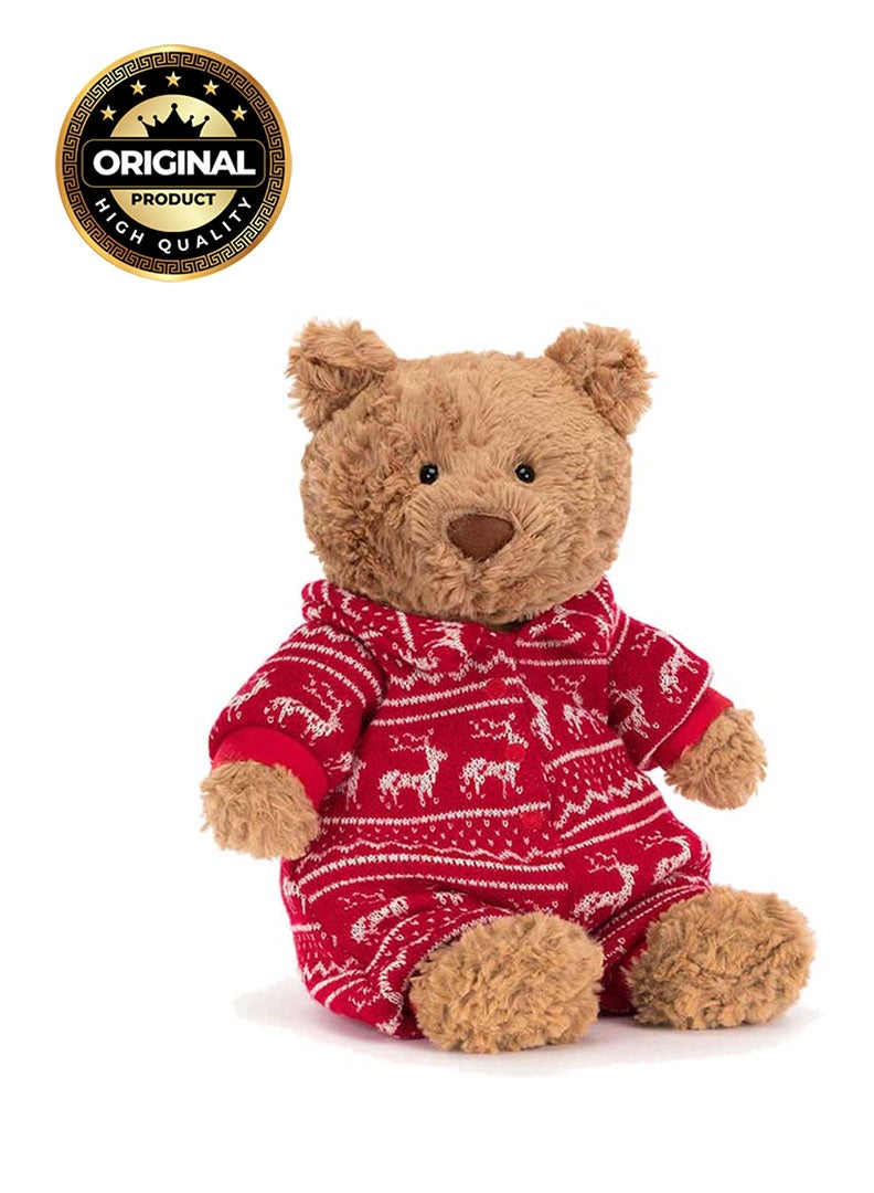 Bartholomew Bear Winter Pyjamas – Soft Brown Plush Teddy in Red Festive Pyjamas – 26cm Christmas Cuddle Toy for Kids, Décor & Gifting