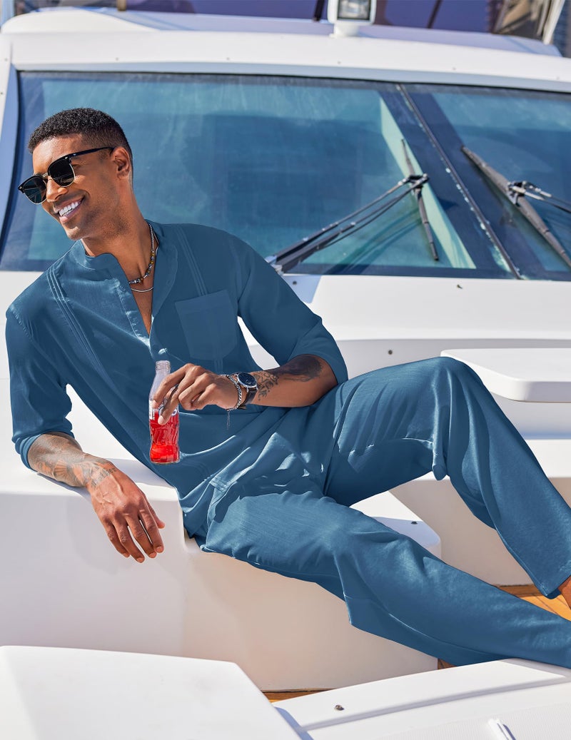 COOFANDY Men's 2 Piece Cotton Linen Sets Casual Long Sleeve Henley Shirts Yoga Pants Set Beach Cuban Outfits - Image 2