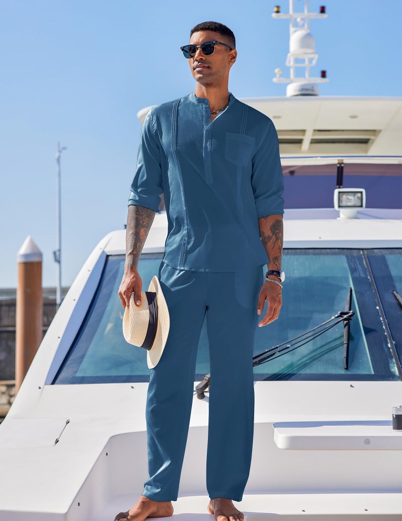 COOFANDY Men's 2 Piece Cotton Linen Sets Casual Long Sleeve Henley Shirts Yoga Pants Set Beach Cuban Outfits - Image 3