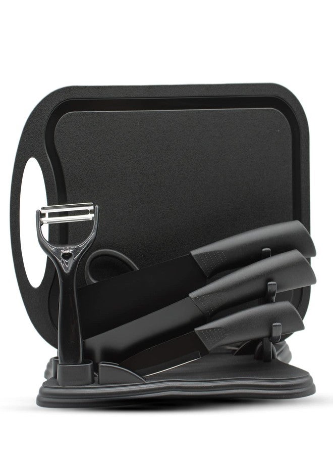 Magicorange Set of 7 Kitchen Knives - 5 Black Stainless Steel Sheathed, Cutting Board and One Pad Ergonomic Handle Pp (Black) - Image 1
