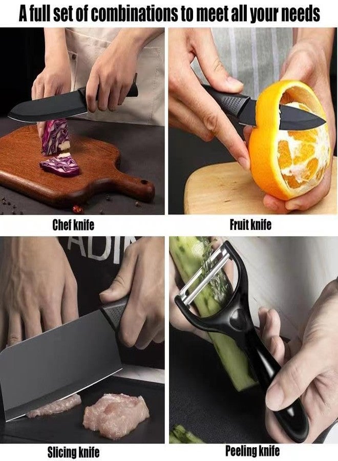 Magicorange Set of 7 Kitchen Knives - 5 Black Stainless Steel Sheathed, Cutting Board and One Pad Ergonomic Handle Pp (Black) - Image 5