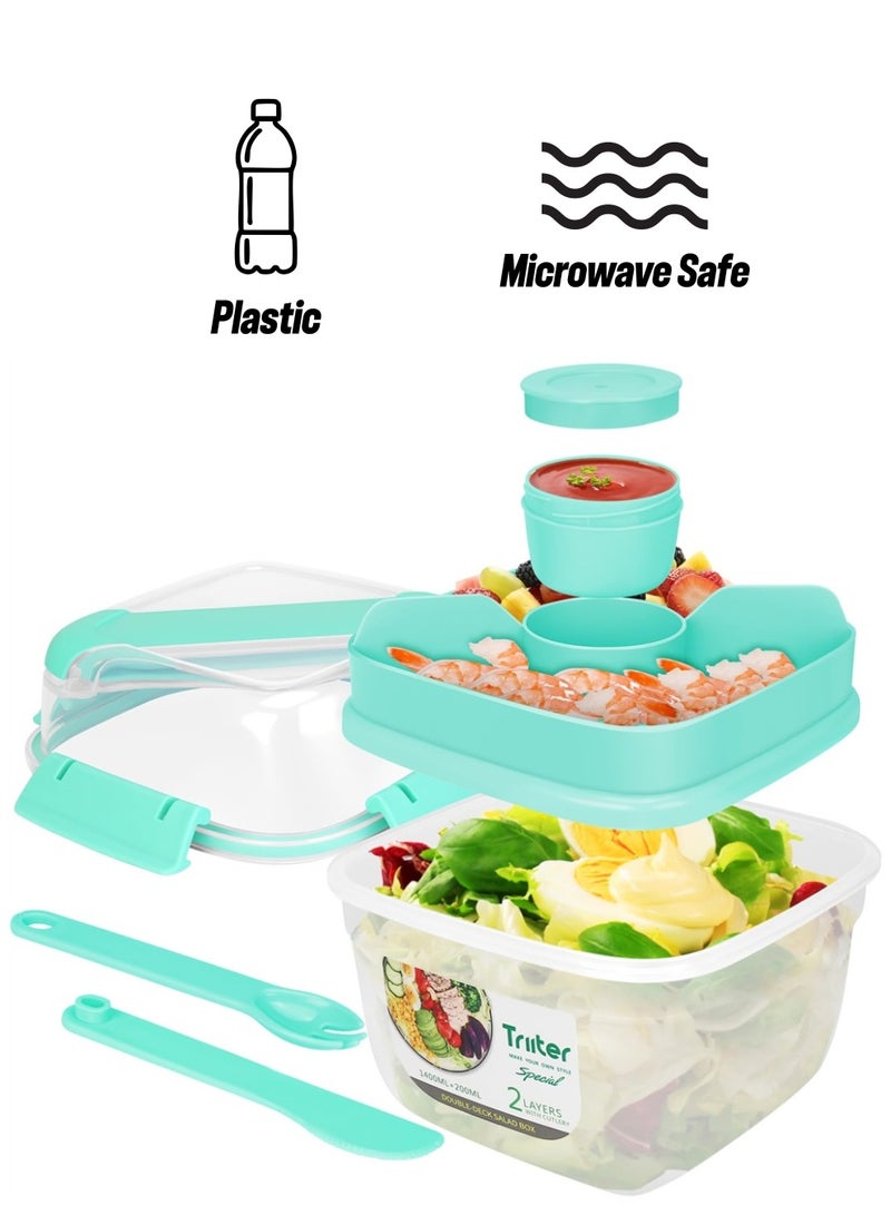 SYOSI Salad Lunch Box Container, 55-oz Salad Bowl, Double Layer Bento Box with Cutlery and Sauce Container, 7-oz 3-Compartment Bento-Style Tray for Toppings and Snacks, Leak-Proof - Image 1