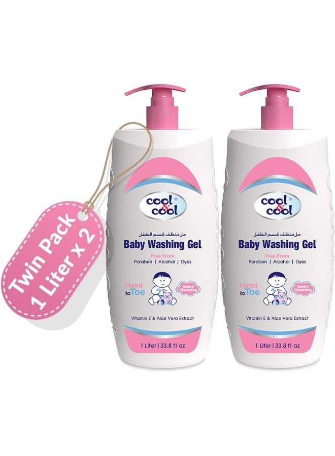 Cool & Cool Pack Of 2 Vitamin-E And Aloe Vera Extract With Extra Mild Formula Baby Washing Gel- 1 Liter Head to Toe Baby Bath, Dye Free, Tear Free, Alcohol Free, Paraben-Free,  2 Liters - Image 1