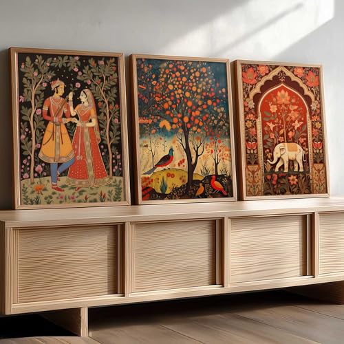 kotart Traditional Wall Painting With Frame | Madhubani Paintings For Living Room Bed Room Hotel Wall Decor Pichwai Art Digital Reprint engineered wood Set of 3 (13X17 inch) - Image 1